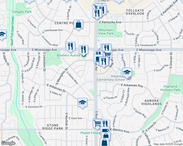 map of restaurants, bars, coffee shops, grocery stores, and more near 16872 East Wyoming Circle in Aurora