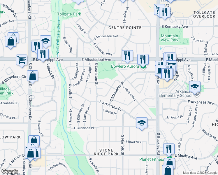 map of restaurants, bars, coffee shops, grocery stores, and more near 1207 South Memphis Street in Aurora
