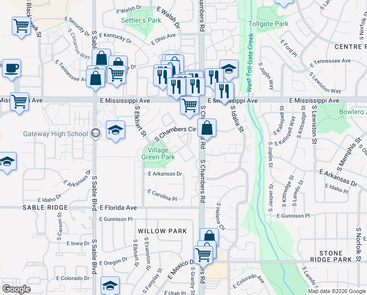 map of restaurants, bars, coffee shops, grocery stores, and more near 15178 East Louisiana Drive in Aurora