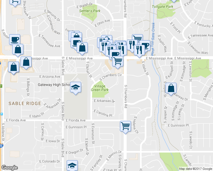map of restaurants, bars, coffee shops, grocery stores, and more near 15106 East Louisiana Drive in Aurora