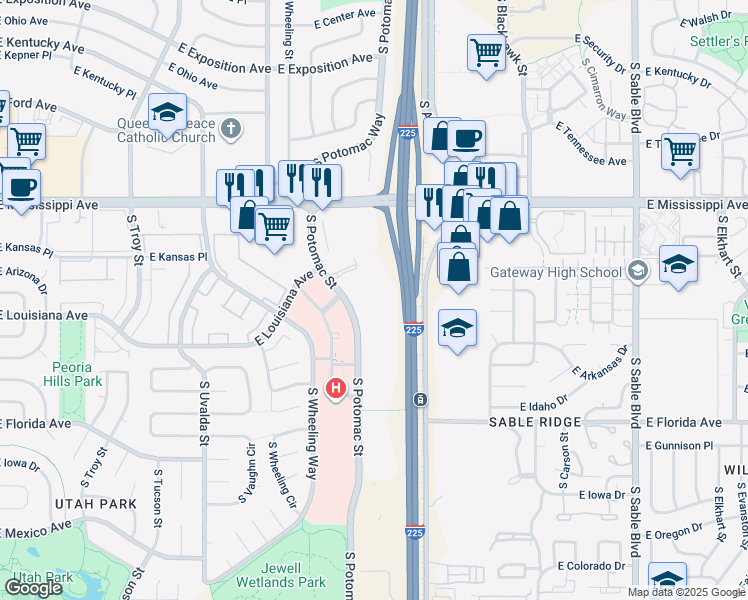 map of restaurants, bars, coffee shops, grocery stores, and more near 1330 Potomac Court in Aurora