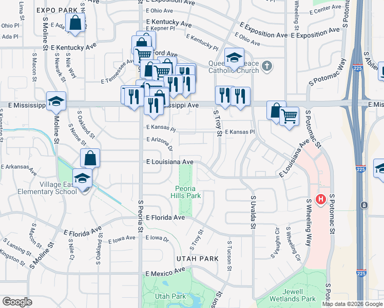 map of restaurants, bars, coffee shops, grocery stores, and more near 12461 East Louisiana Avenue in Aurora