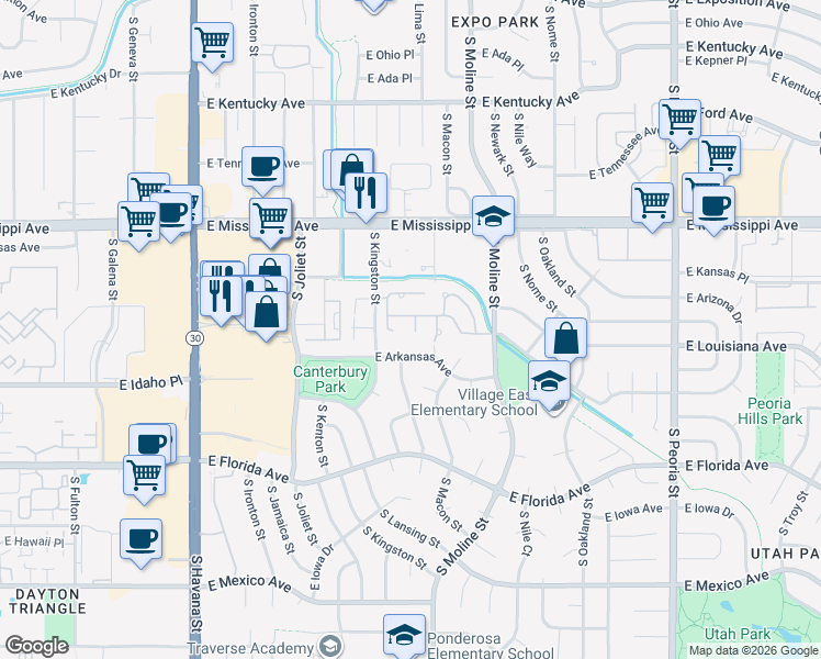 map of restaurants, bars, coffee shops, grocery stores, and more near 1361 South Lansing Court in Aurora