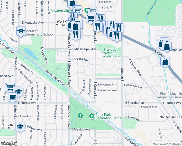map of restaurants, bars, coffee shops, grocery stores, and more near 233 South Oneida Street in Denver