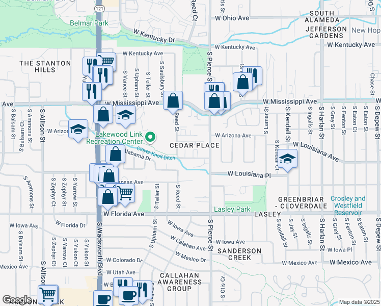 map of restaurants, bars, coffee shops, grocery stores, and more near 6921 West Louisiana Avenue in Denver