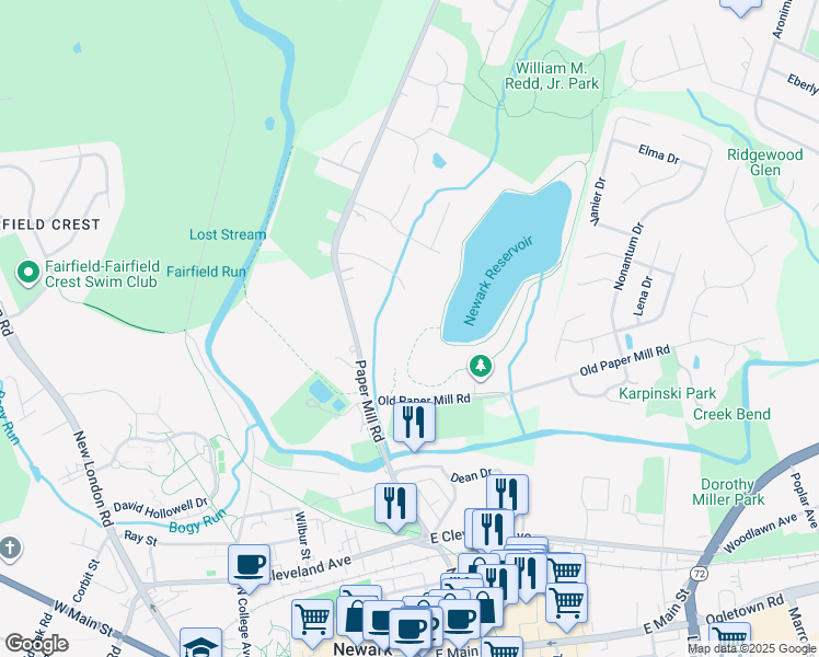 map of restaurants, bars, coffee shops, grocery stores, and more near 1005 Wharton Drive in Newark