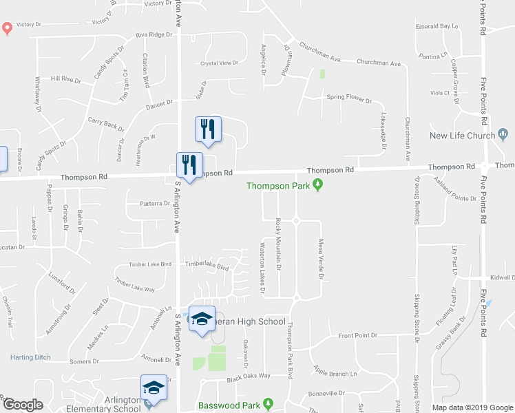 map of restaurants, bars, coffee shops, grocery stores, and more near 5127 Grand Tetons Drive in Indianapolis
