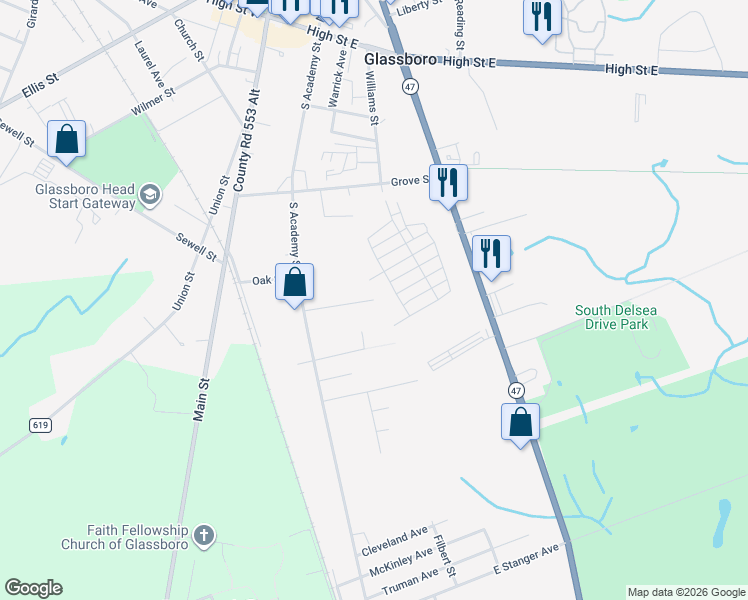 map of restaurants, bars, coffee shops, grocery stores, and more near 123 Jarrell Avenue in Glassboro