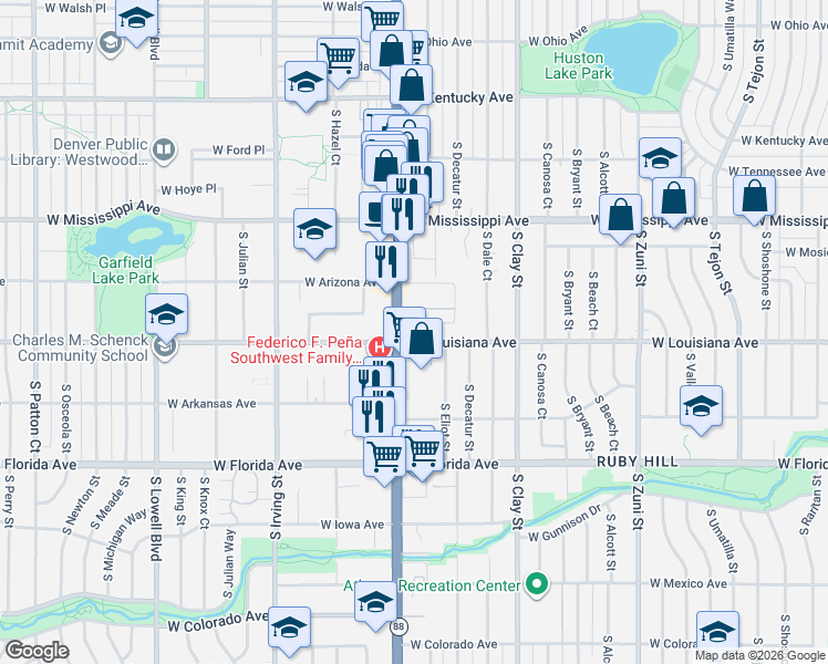 map of restaurants, bars, coffee shops, grocery stores, and more near 2948 West Louisiana Avenue in Denver