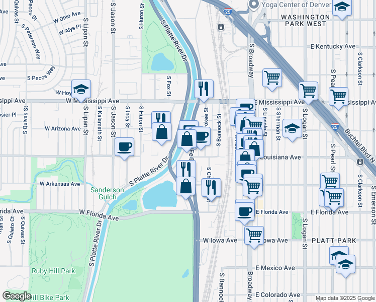 map of restaurants, bars, coffee shops, grocery stores, and more near 1280-1290 South Platte River Drive East in Denver
