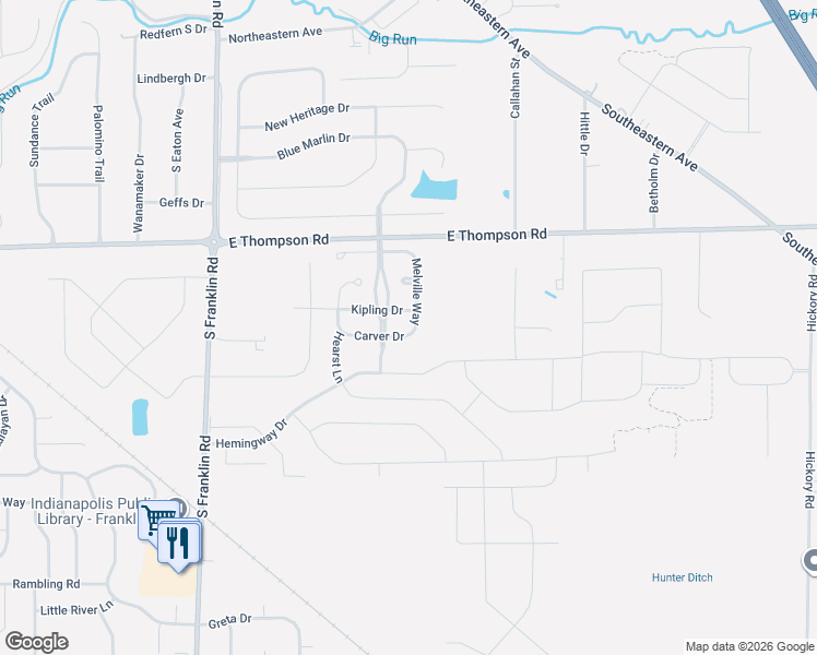 map of restaurants, bars, coffee shops, grocery stores, and more near 8844 Carver Drive in Indianapolis
