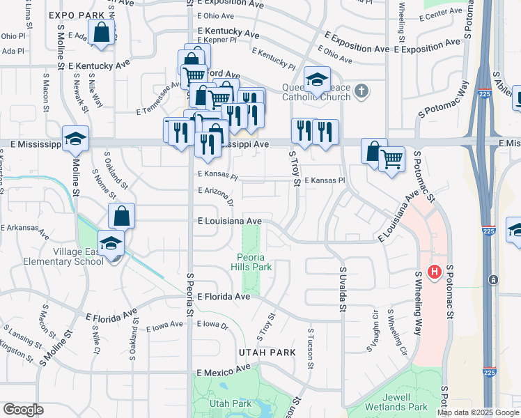 map of restaurants, bars, coffee shops, grocery stores, and more near 12461 East Louisiana Avenue in Aurora