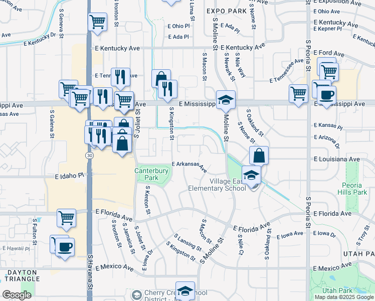 map of restaurants, bars, coffee shops, grocery stores, and more near 1361 South Lansing Court in Aurora