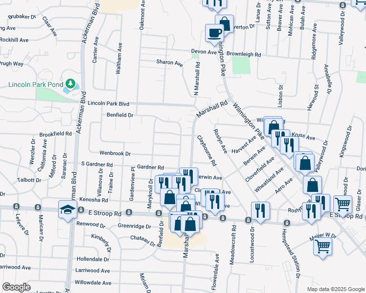 map of restaurants, bars, coffee shops, grocery stores, and more near 3718 Benfield Drive in Kettering