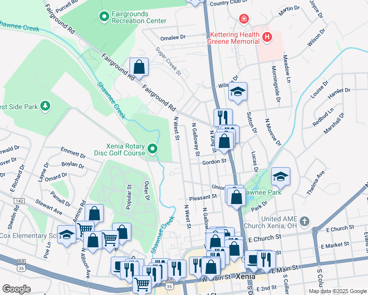 map of restaurants, bars, coffee shops, grocery stores, and more near 653 North West Street in Xenia