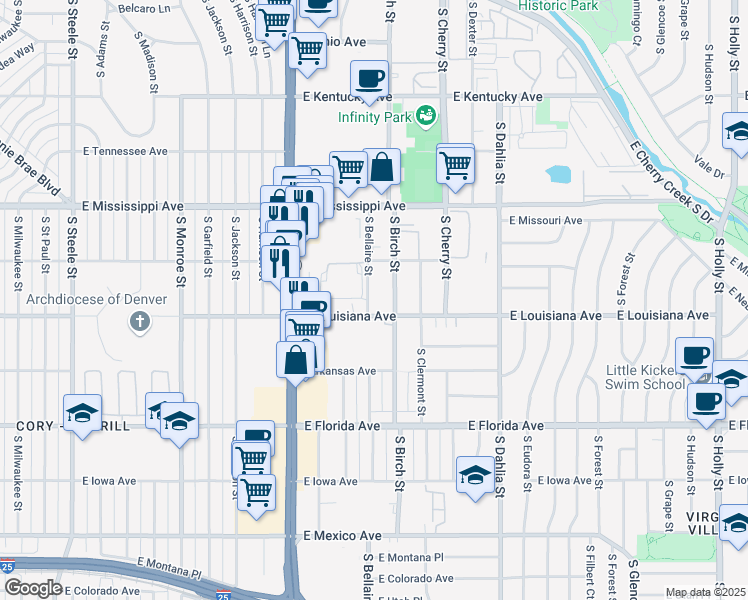map of restaurants, bars, coffee shops, grocery stores, and more near 4340e East Louisiana Avenue in Denver