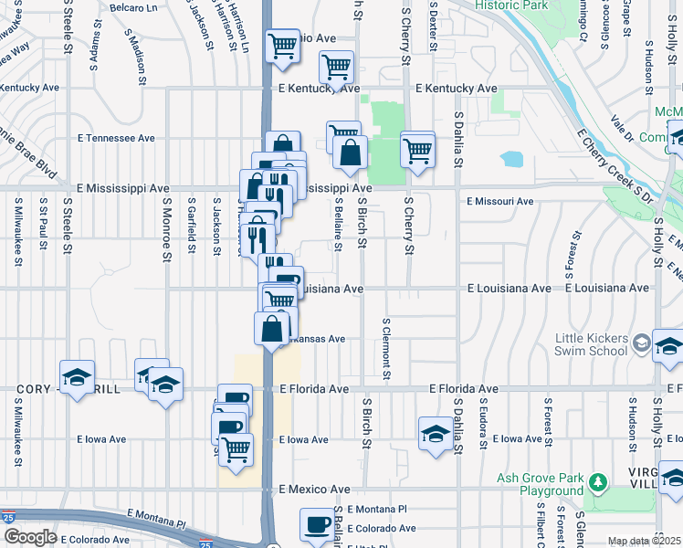 map of restaurants, bars, coffee shops, grocery stores, and more near 4340e East Louisiana Avenue in Denver