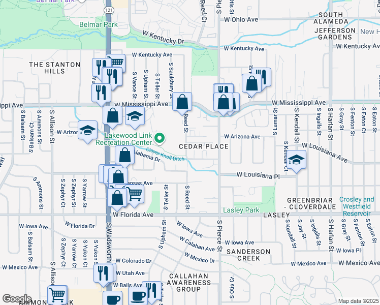 map of restaurants, bars, coffee shops, grocery stores, and more near 1295 South Reed Street in Lakewood