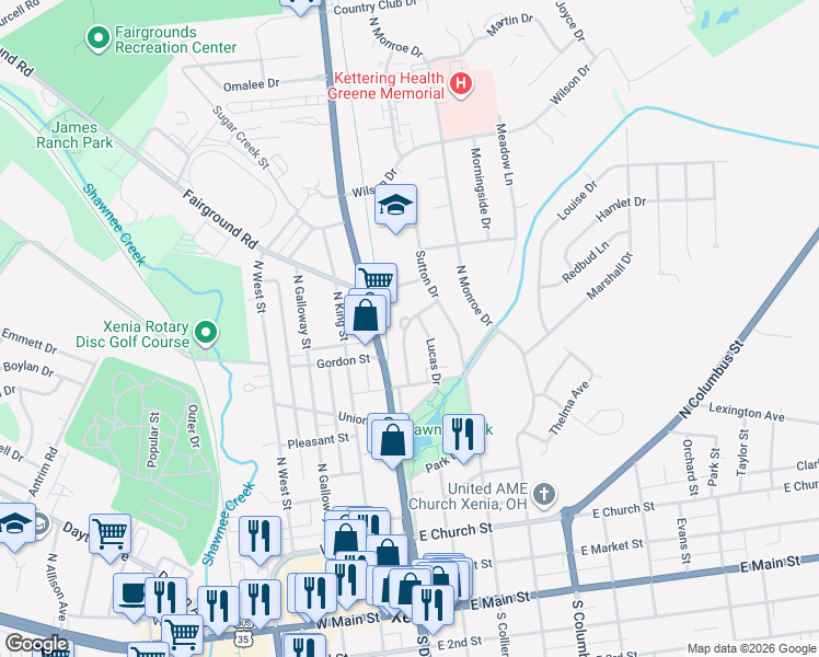 map of restaurants, bars, coffee shops, grocery stores, and more near 582 Lucas Drive in Xenia