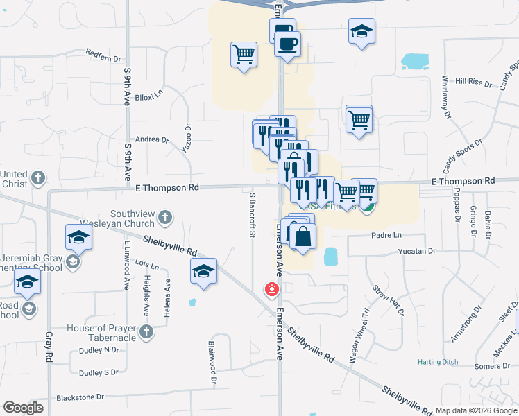 map of restaurants, bars, coffee shops, grocery stores, and more near 5111 South Bancroft Street in Indianapolis