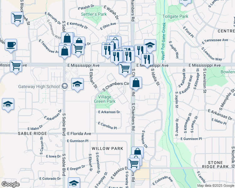 map of restaurants, bars, coffee shops, grocery stores, and more near 15087 East Louisiana Drive in Aurora