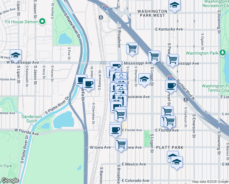 map of restaurants, bars, coffee shops, grocery stores, and more near 1265 South Broadway in Denver