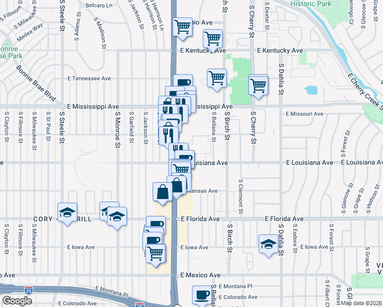 map of restaurants, bars, coffee shops, grocery stores, and more near 4201 E Louisiana Ave in Denver