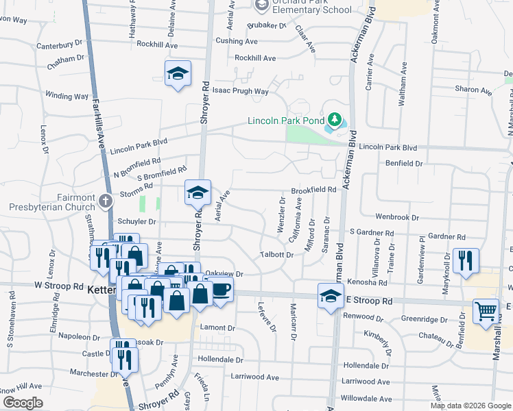 map of restaurants, bars, coffee shops, grocery stores, and more near 3750 Storms Road in Dayton
