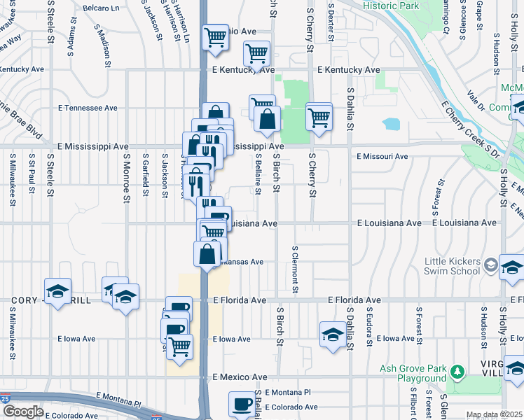 map of restaurants, bars, coffee shops, grocery stores, and more near 4340e East Louisiana Avenue in Denver
