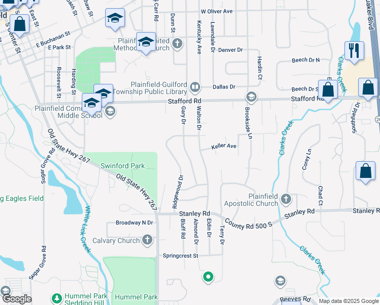 map of restaurants, bars, coffee shops, grocery stores, and more near 919 Gary Drive in Plainfield