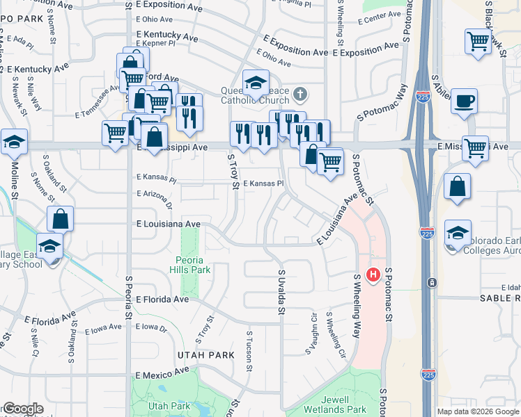 map of restaurants, bars, coffee shops, grocery stores, and more near 13000 East Kansas Place in Aurora