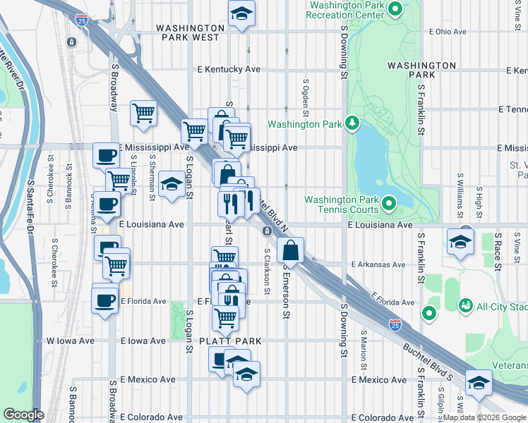 map of restaurants, bars, coffee shops, grocery stores, and more near 700 East Louisiana Avenue in Denver