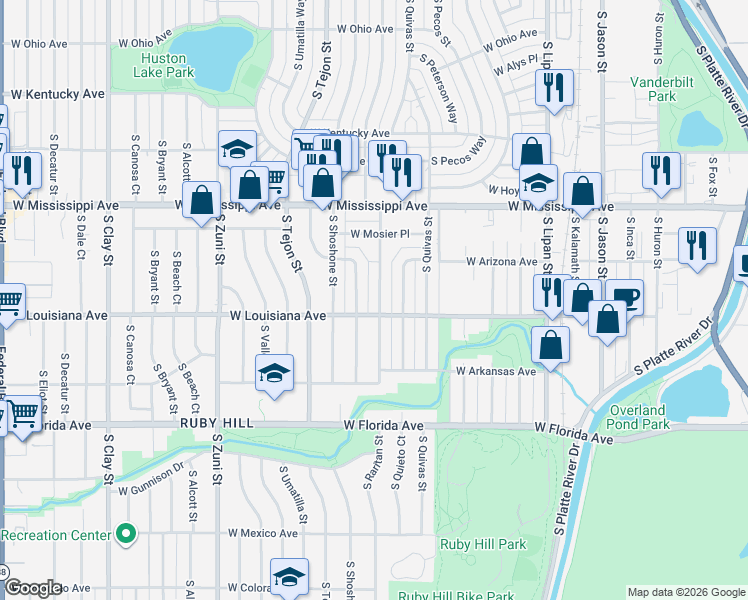 map of restaurants, bars, coffee shops, grocery stores, and more near 1301 South Raritan Street in Denver