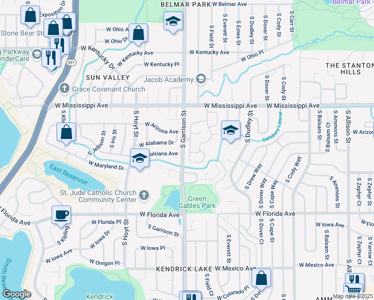 map of restaurants, bars, coffee shops, grocery stores, and more near in Lakewood