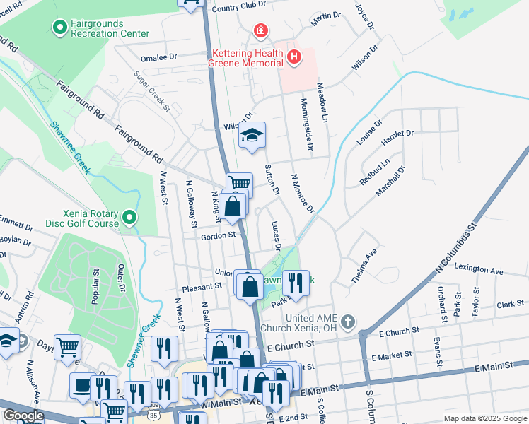 map of restaurants, bars, coffee shops, grocery stores, and more near 582 Lucas Drive in Xenia