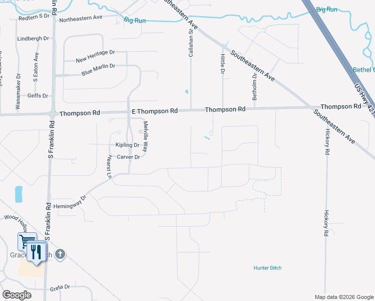 map of restaurants, bars, coffee shops, grocery stores, and more near 9004 Hemingway Drive in Indianapolis