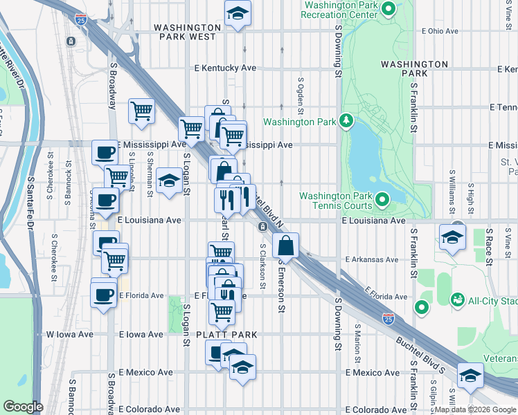 map of restaurants, bars, coffee shops, grocery stores, and more near 700 East Louisiana Avenue in Denver