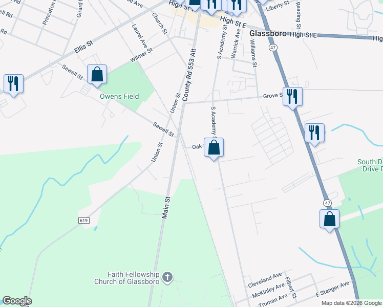 map of restaurants, bars, coffee shops, grocery stores, and more near 108 East Avenue in Glassboro