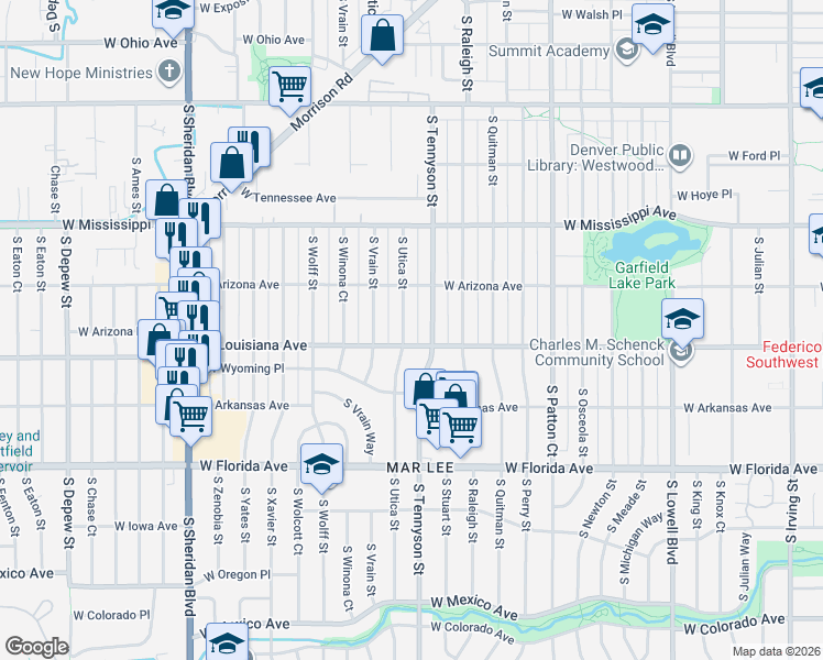 map of restaurants, bars, coffee shops, grocery stores, and more near 1301 South Utica Street in Denver