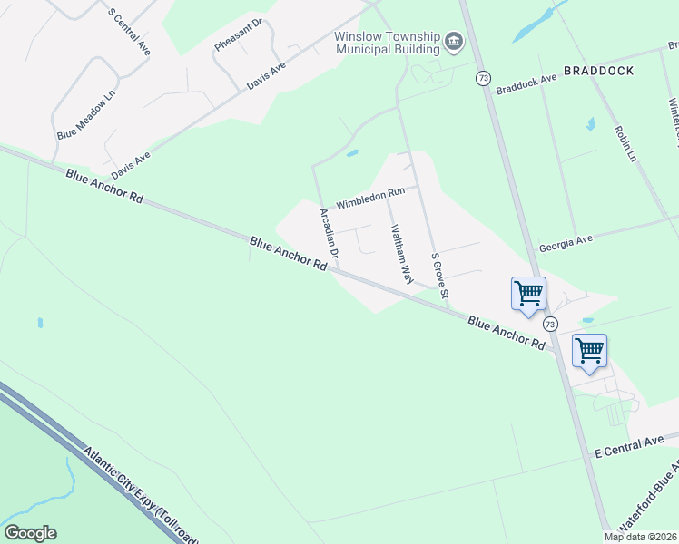 map of restaurants, bars, coffee shops, grocery stores, and more near 100 Blue Anchor Road in Winslow Township