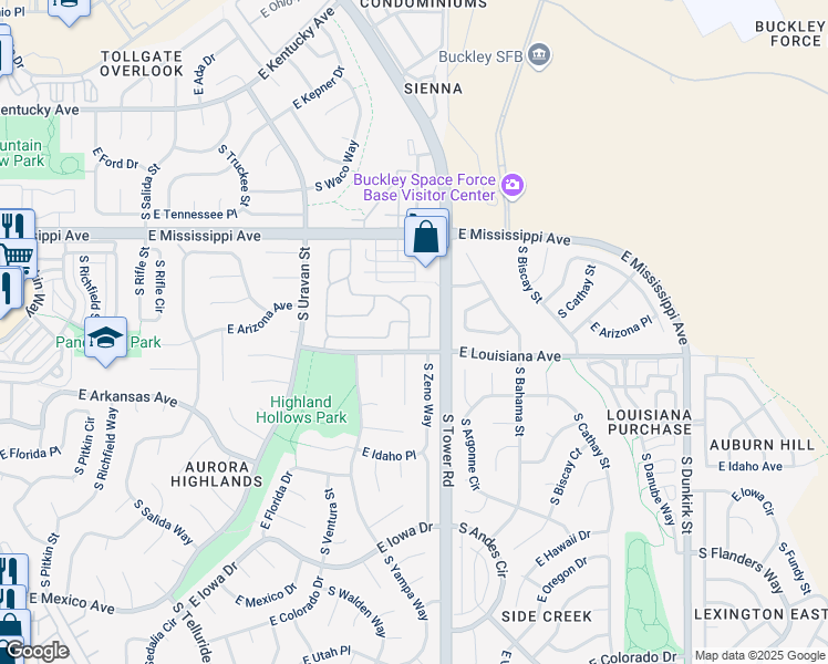 map of restaurants, bars, coffee shops, grocery stores, and more near 1305 South Zeno Way in Aurora