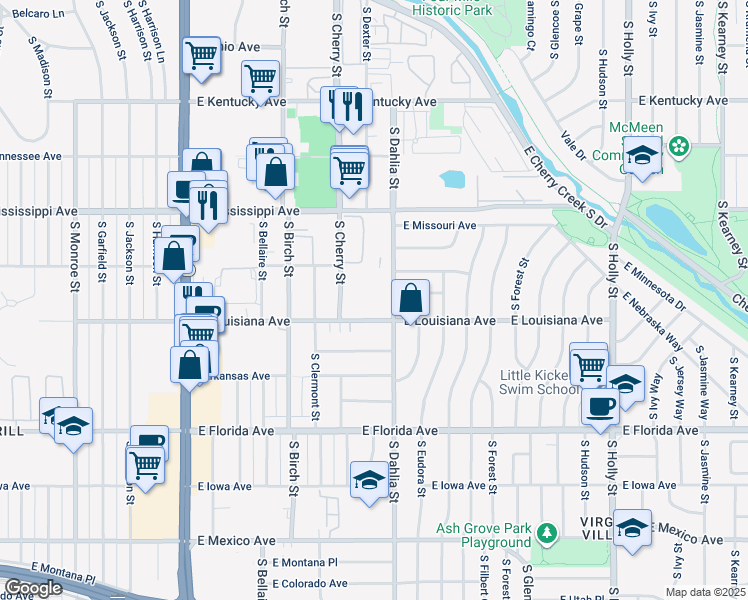 map of restaurants, bars, coffee shops, grocery stores, and more near 4697 East Louisiana Avenue in Denver