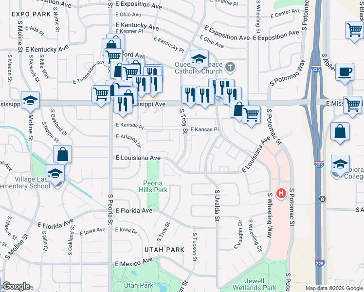 map of restaurants, bars, coffee shops, grocery stores, and more near 1275 South Troy Street in Aurora