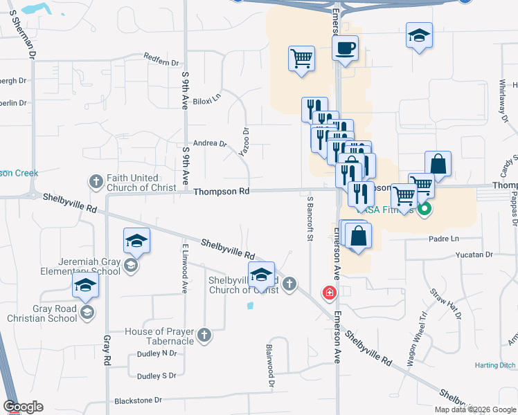 map of restaurants, bars, coffee shops, grocery stores, and more near 4719 East Thompson Road in Indianapolis