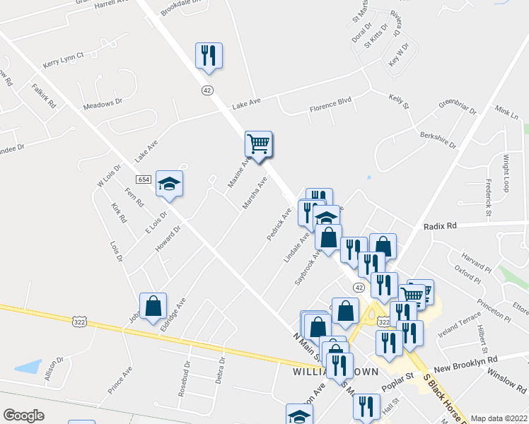 map of restaurants, bars, coffee shops, grocery stores, and more near Maxine Avenue in Monroe Township