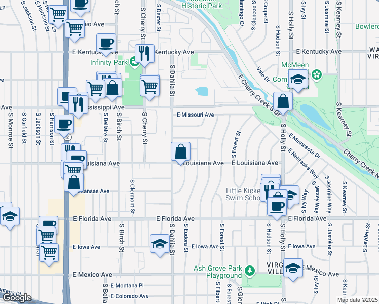 map of restaurants, bars, coffee shops, grocery stores, and more near in Denver