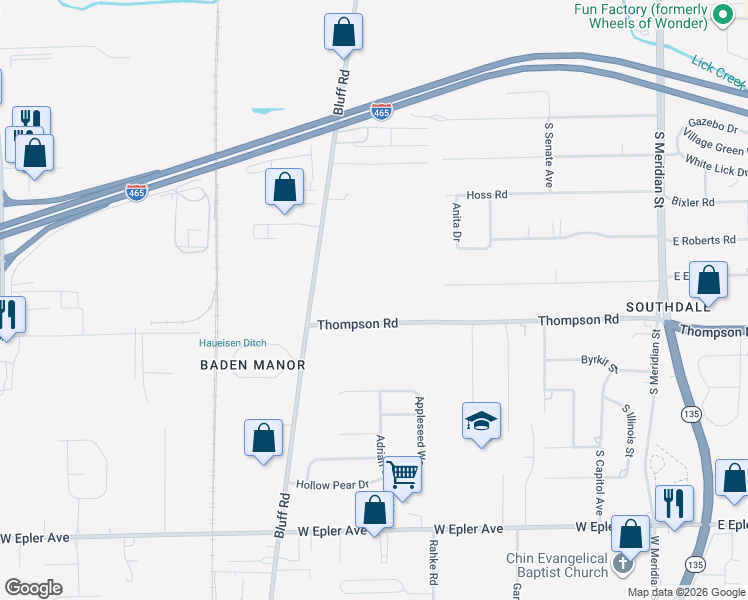 map of restaurants, bars, coffee shops, grocery stores, and more near 450 West Thompson Road in Indianapolis