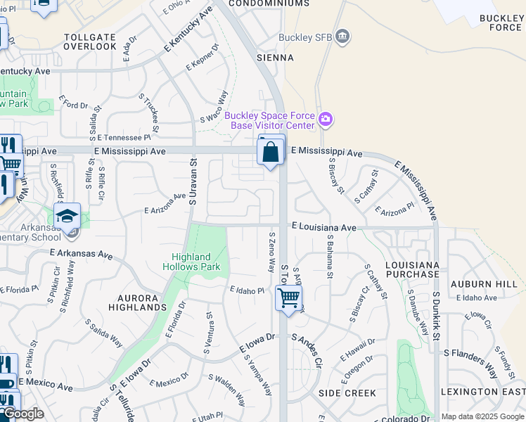 map of restaurants, bars, coffee shops, grocery stores, and more near 1305 South Zeno Way in Aurora