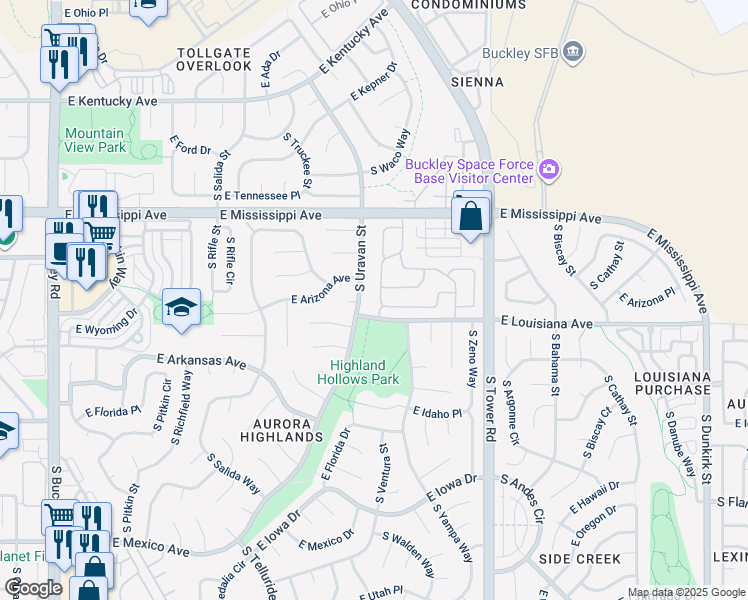 map of restaurants, bars, coffee shops, grocery stores, and more near in Aurora