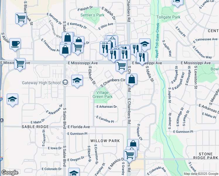 map of restaurants, bars, coffee shops, grocery stores, and more near 15106 East Louisiana Drive in Aurora